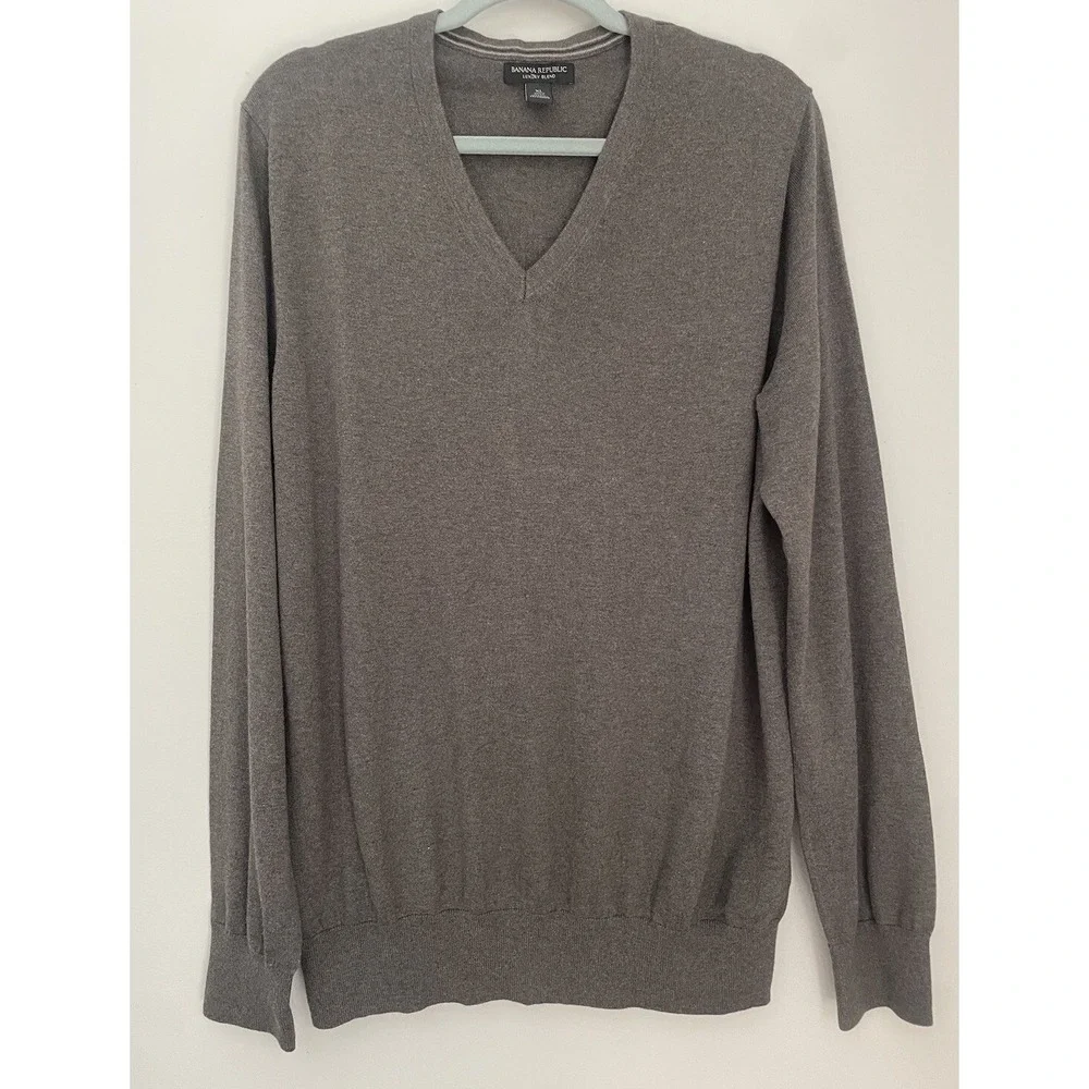 Banana Republic Men L Silk Cashmere Sweater Brown Luxury Blend V-Neck Light Soft